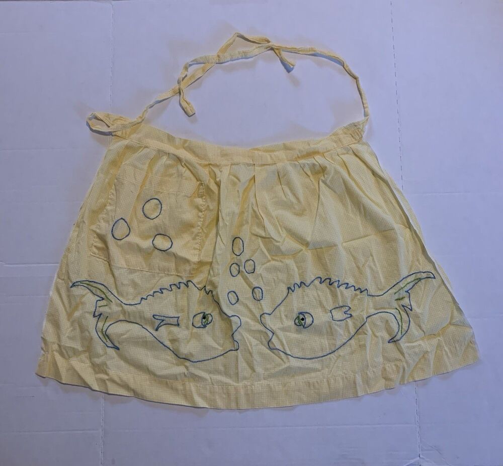 Vintage 70s Retro Grandma Yellow Checkered Half Apron w/ Pocket Cute!! With Fish